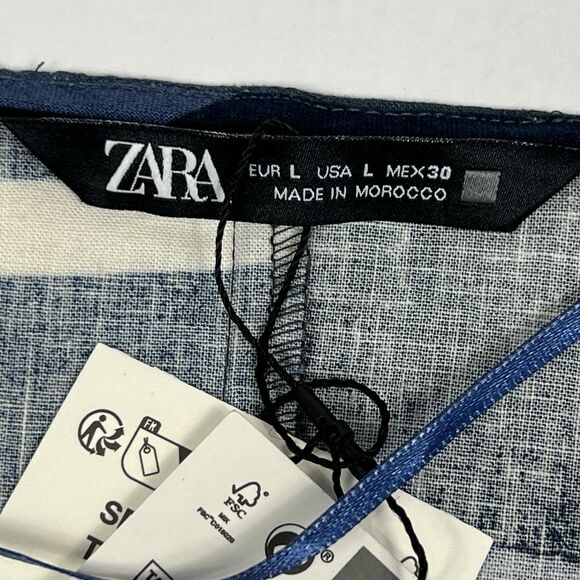 NEW Zara Navy Abstract Geo Print Linen Blend V Neck Cap Sleeve Top Women’s Large - Picture 7 of 8